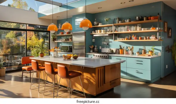 Retro Kitchen in Blue and Orange with Large Windows and Breakfast Bar