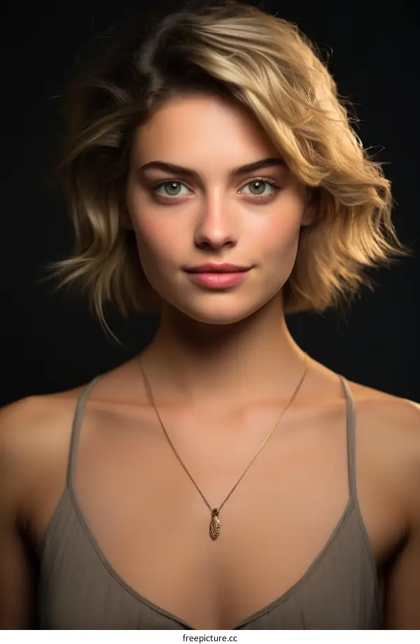 portrait of a beautiful blonde woman with green eyes and a pendant necklace