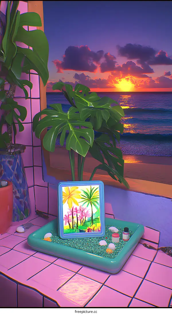 Tropical Sunset Painting On The Pink Tile