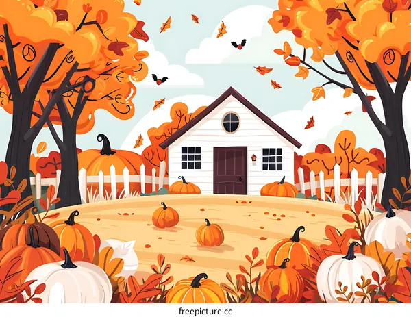 Autumn House with Pumpkins and Falling Leaves