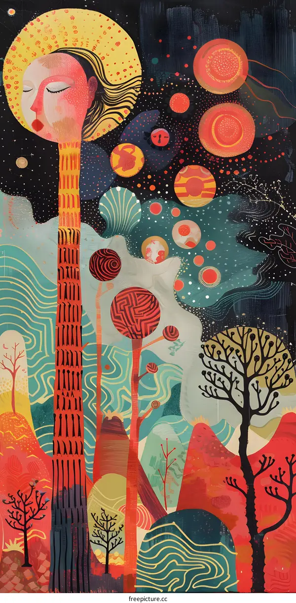 Abstract Illustration of Colorful Trees and Planets in a Night Sky