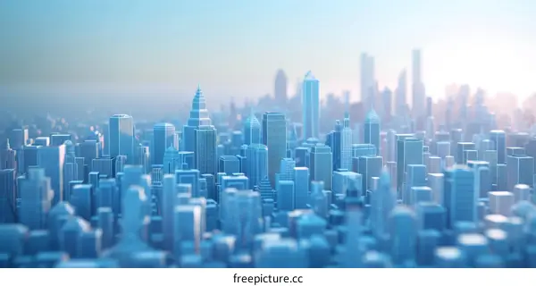 Blue Wireframe Cityscape  With Skyscrapers