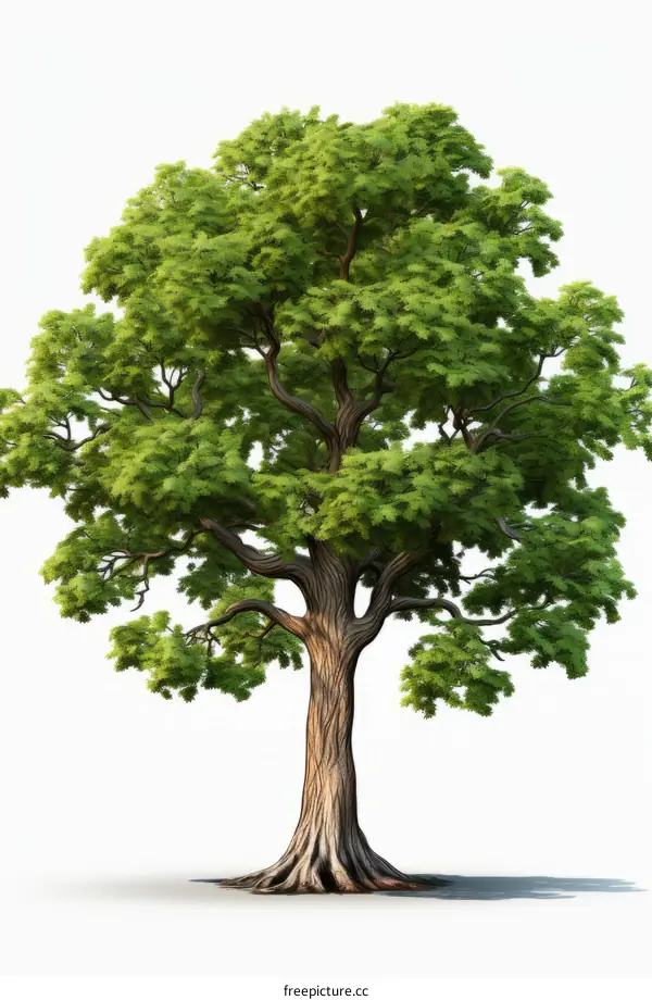 A tall tree with green leaves stands alone in a white background