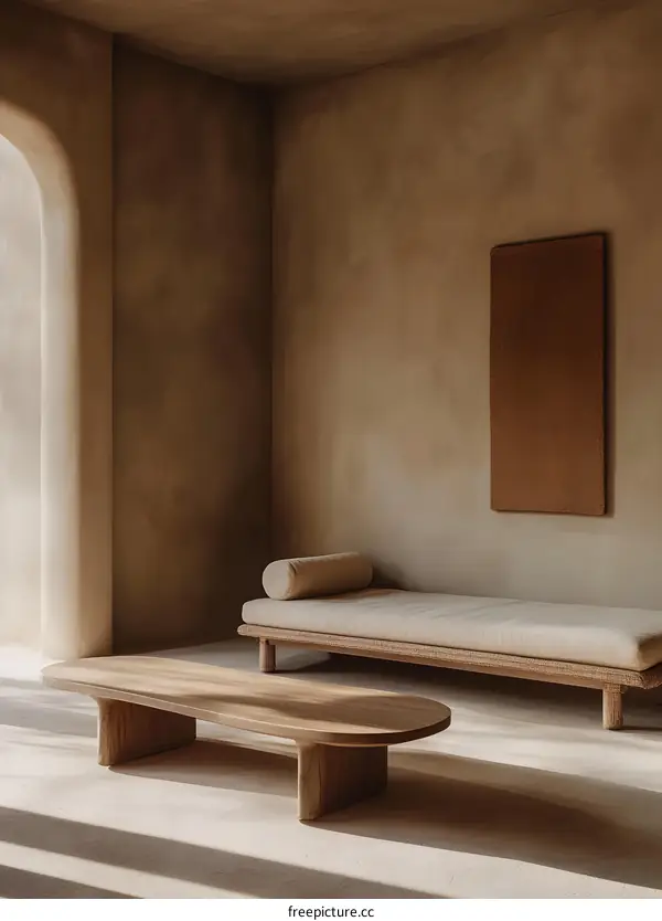 Minimalist Interior Design with Wooden Couch and Coffee Table