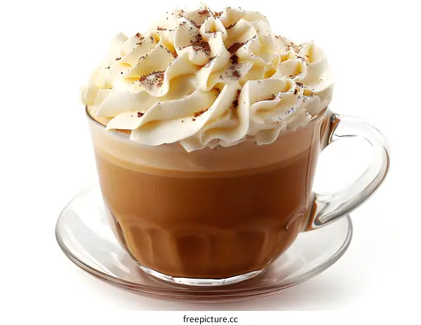 Glass Cup of Coffee with Whipped Cream on White Background