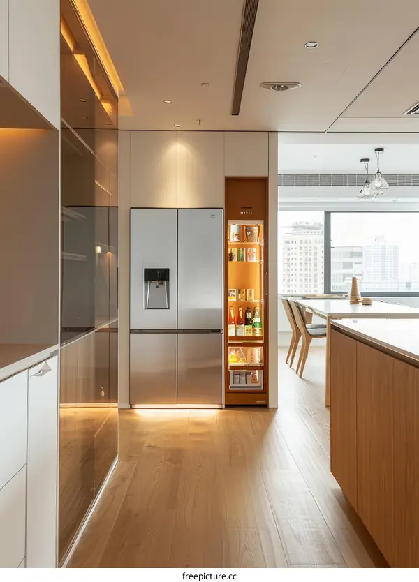 An open-concept kitchen with a large fridge and a wooden dining table