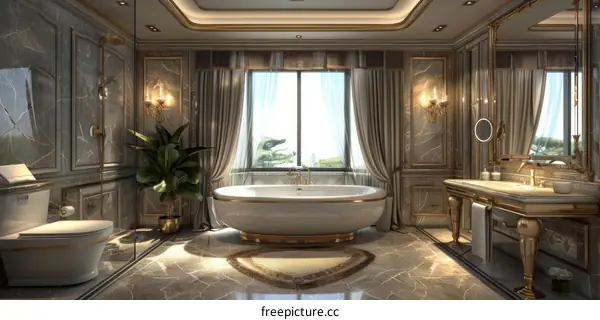 Luxurious Bathroom Interior Design with Marble Walls and Gold Accents