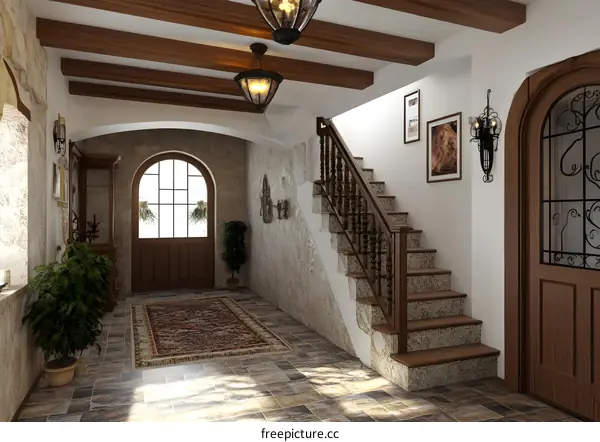 Wooden Staircase And Stone Wall Entrance Of A House