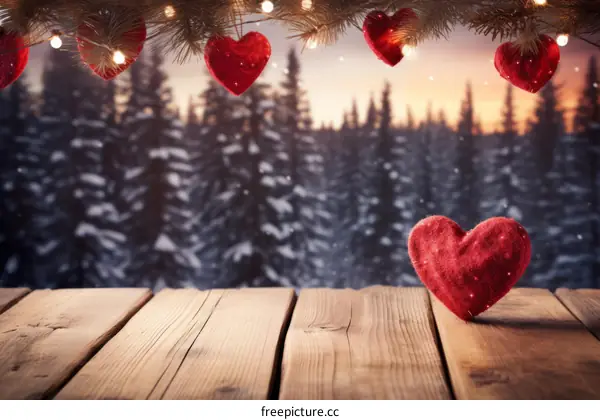Red felt hearts hanging in front of snowy forest