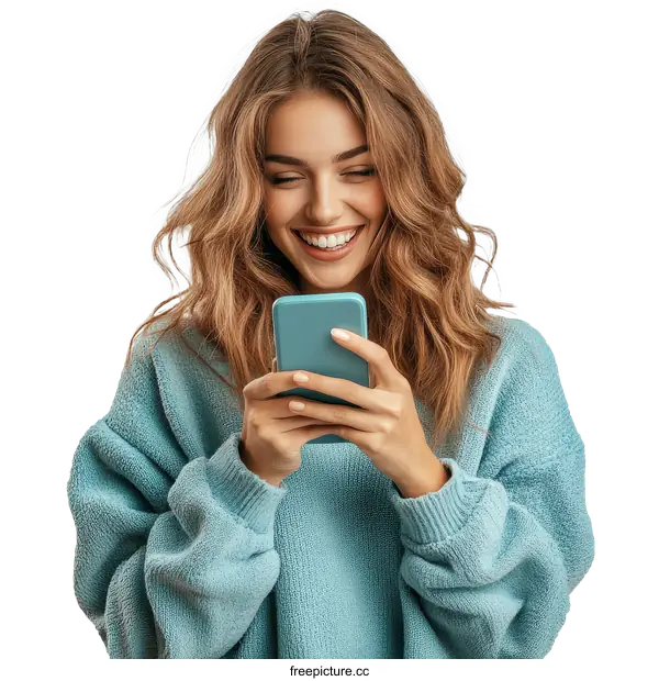 [Transparent Background PNG]Happy Woman Using Smartphone