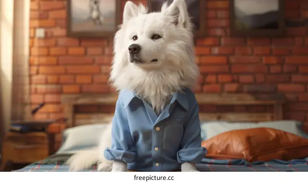 Dog Dressed in Shirt in Cozy Bedroom
