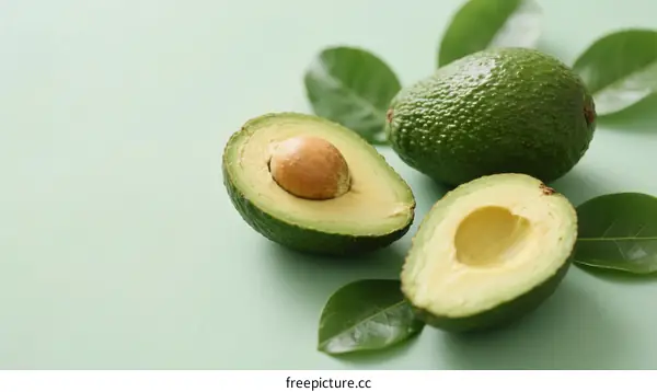 Fresh Green Avocados with Halved Fruits and Leaves on Light Background