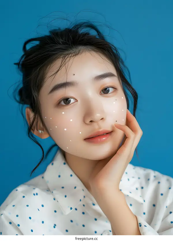 Portrait of a Young Asian Woman with White Dots on Her Face