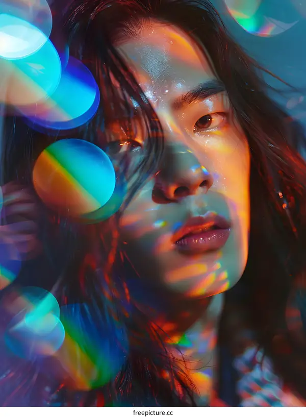 Young Asian Man with Rainbow Light Reflections