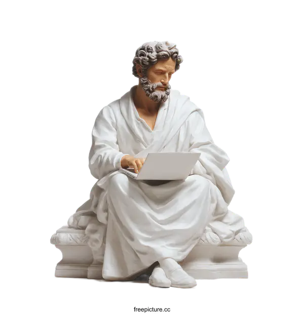 [Transparent Background PNG]Ancient Statue of a Person Working on a Laptop