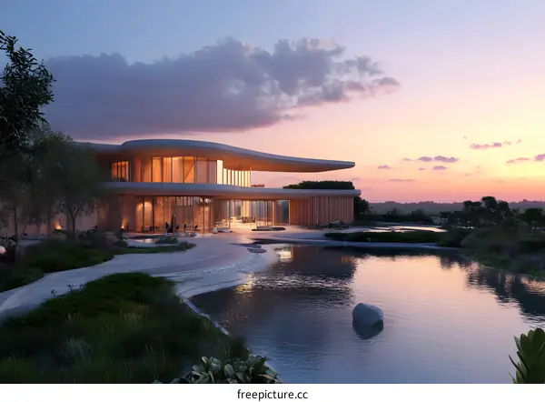 Modern Architecture House With Pond and Sunset