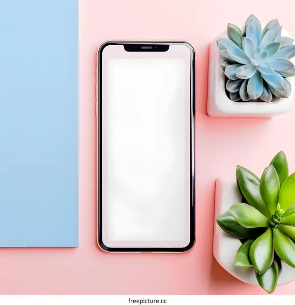 Mockup Smartphone with Succulents on Pink Background