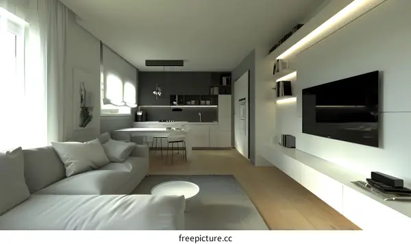 Modern Minimalist Living Room Design With White Walls and Grey Sofa