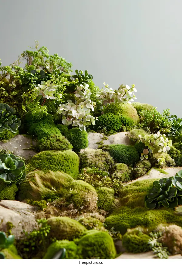 Green Moss and Succulents in a Mini Landscape