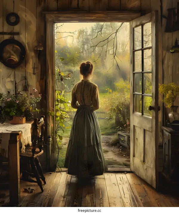 Woman Looking Out Open Doorway To Garden