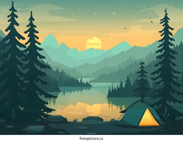 Camping by a Lake in a Mountain Forest at Sunset