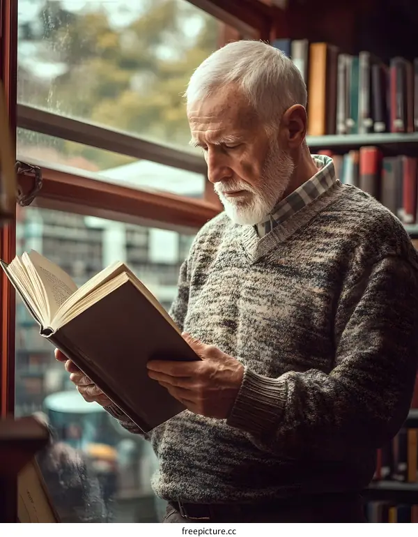Senior Man Reading a Book in Library