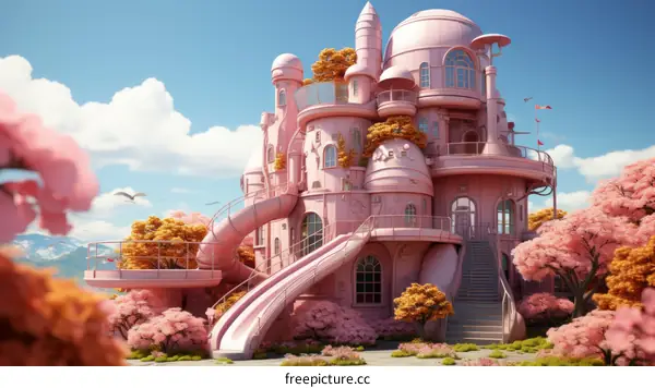 Pink Futuristic House in Surreal Dreamlike Landscape