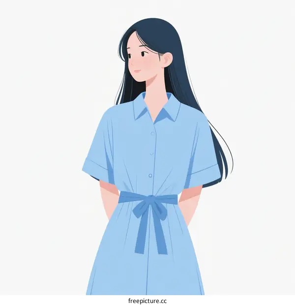 A Young Woman in a Light Blue Dress with Long Black Hair