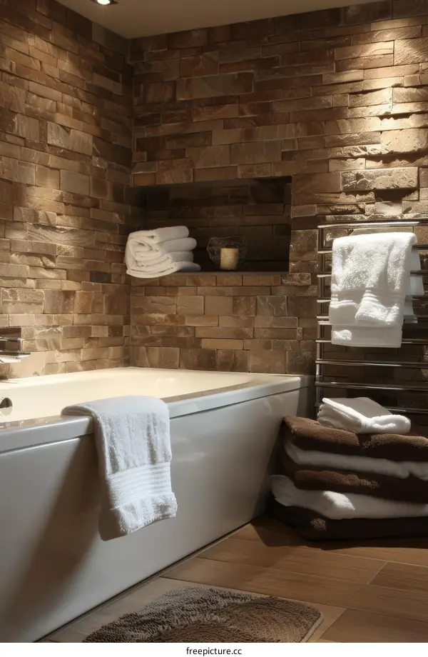 Modern Bathroom with Stone Wall and Bathtub