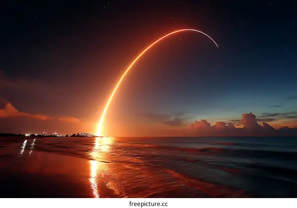 Rocket Launch Over Ocean at Sunrise