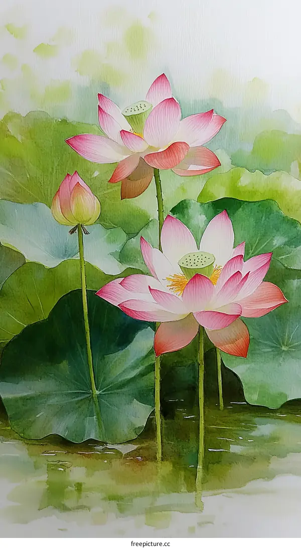 Watercolor Painting of Beautiful Lotus Flowers