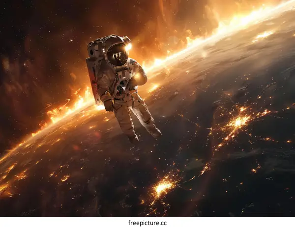 Astronaut in Orange Spacesuit Floating in Night Sky