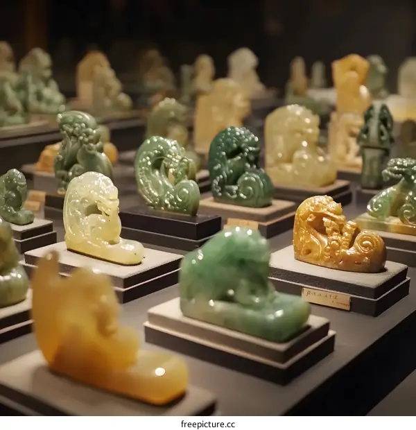 Jade Carvings on Display in a Museum