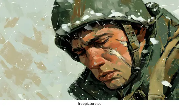Soldier in Wartime with Snow Falling Illustration