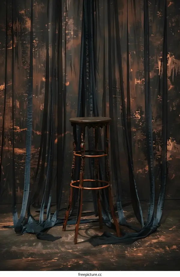 Vintage Wooden Stool in Front of a Dark Curtain Background