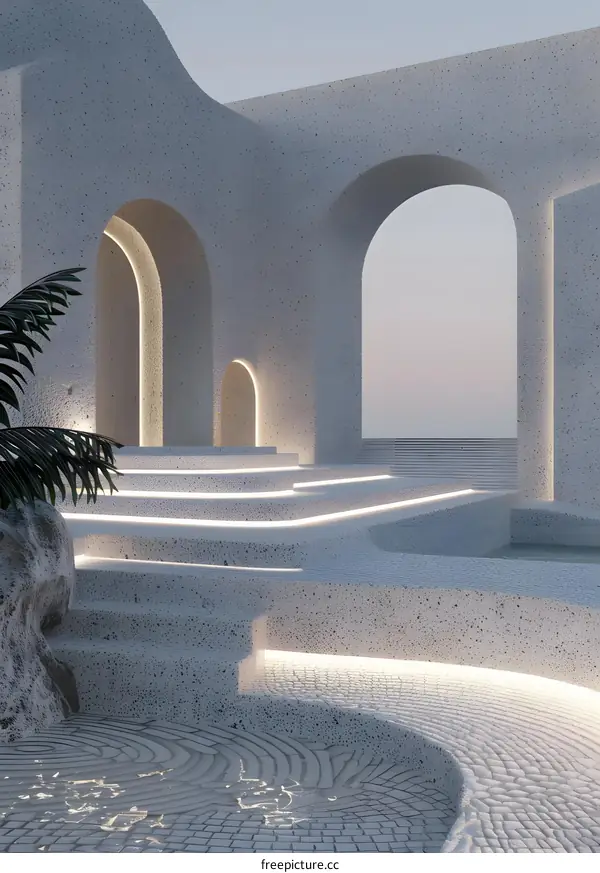 Minimalist 3D Render of Modern Architecture with Archways and Steps