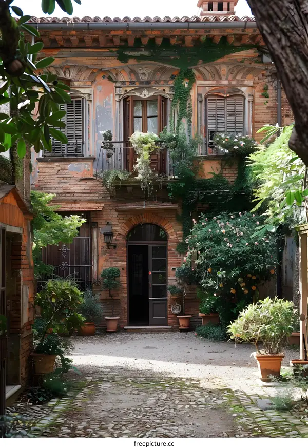 Courtyard of a building with plants and flowers