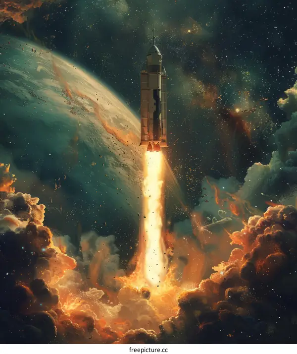 Rocket Launch with Planet in the Background