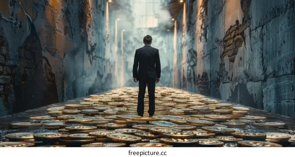 A businessman walking through a tunnel of gold coins.