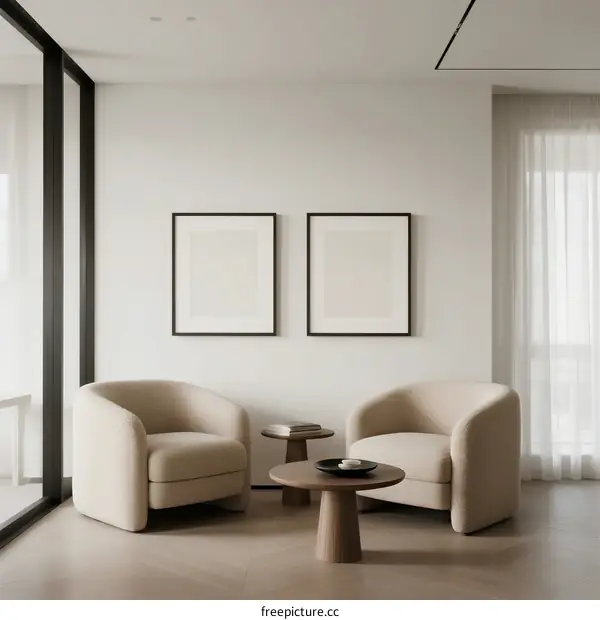 Minimalist Living Room with Beige Armchairs and Round Coffee Table