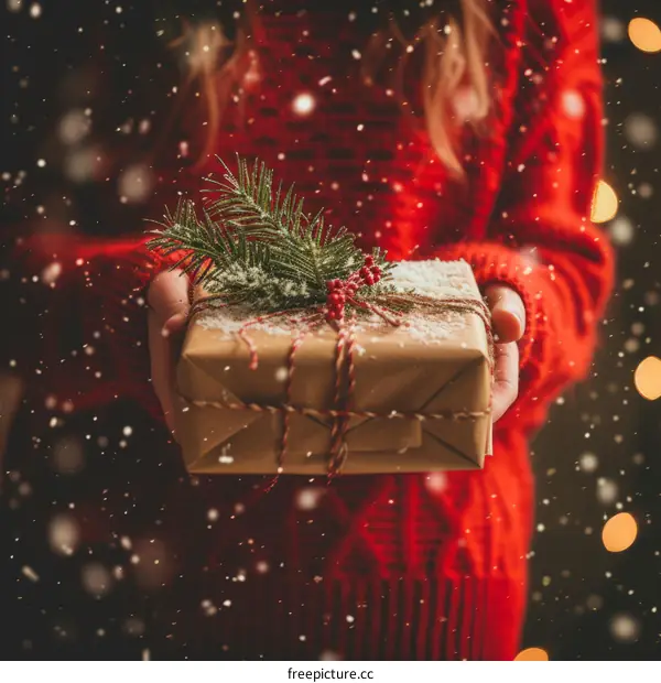 A woman in a red sweater holding a wrapped Christmas present decorated with a sprig of pine and red berries with snow falling in the background