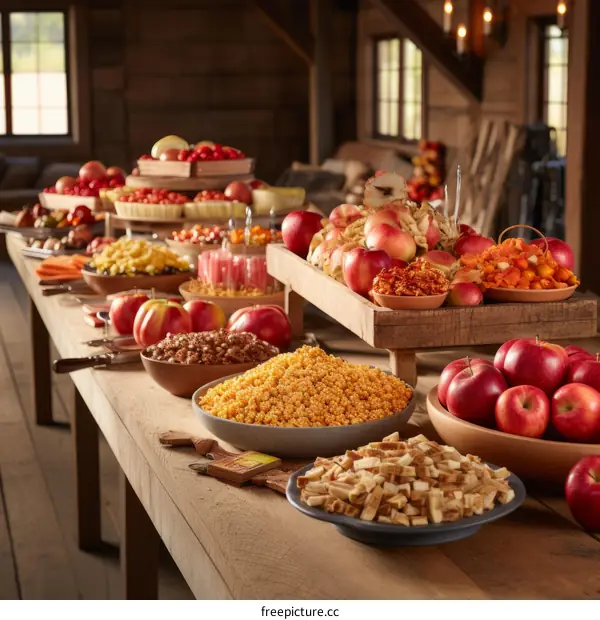 Rustic table spread with bowls of apples, nuts, and other food