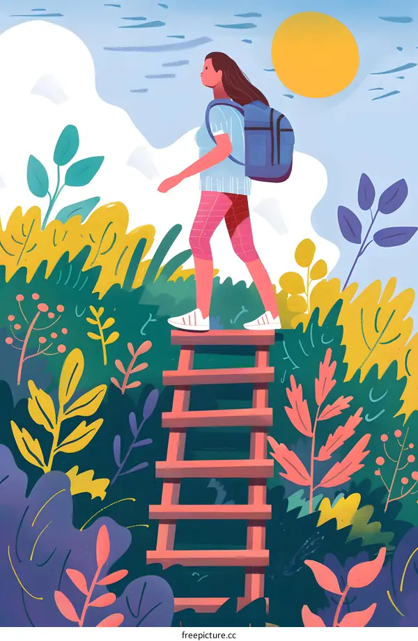 Woman with Backpack Climbing Ladder in a Lush Forest