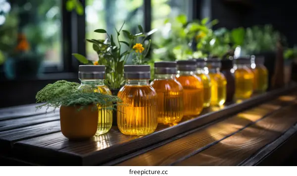 Essential Oil Bottles Displayed on Wooden Shelf with Green Plants