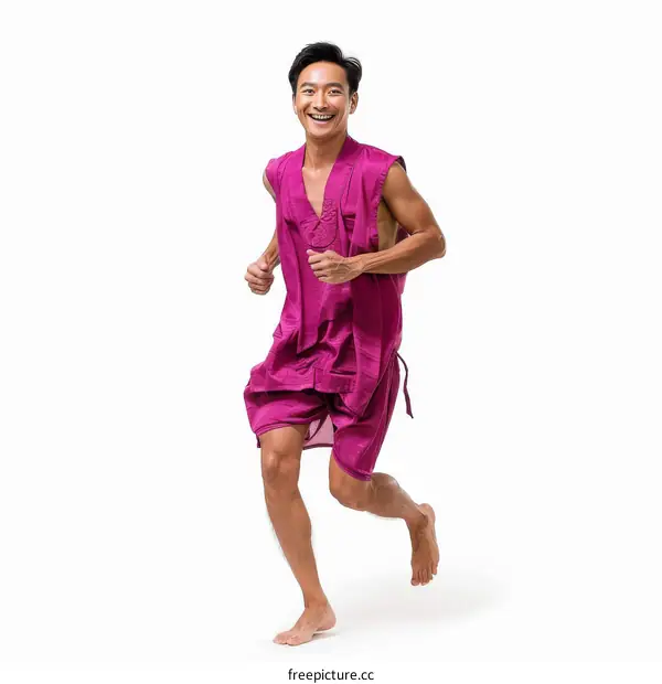 shirtless barefoot man in pink shorts and vest