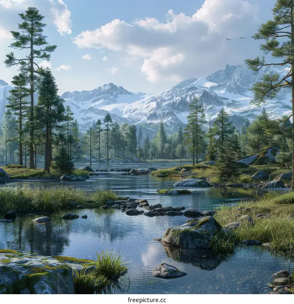 Mountains, River, Trees and Landscape