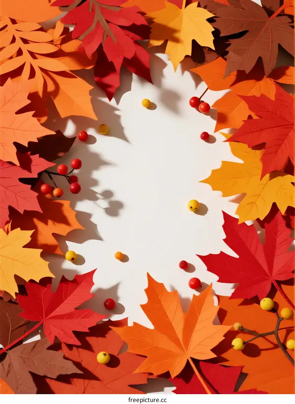 Autumn Leaves Frame with Red Berries and Colorful Foliage