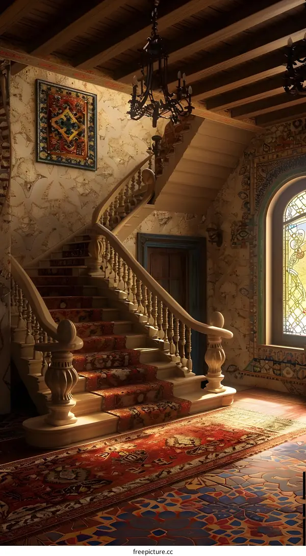Ornate Staircase with Intricate Tile Work in an Old Mansion
