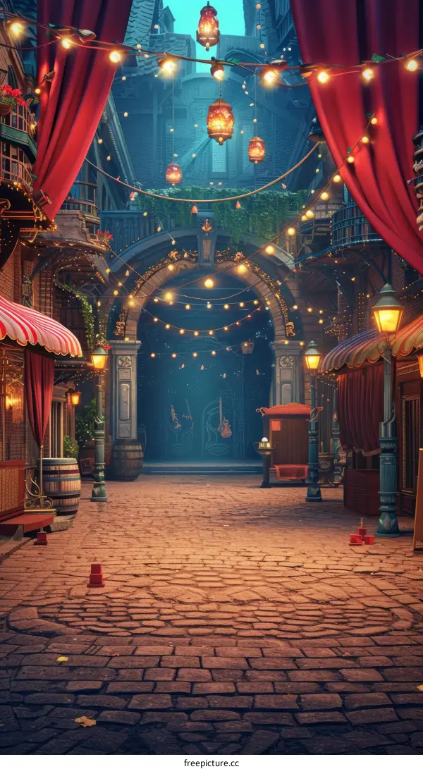 An empty street with red curtains and lanterns