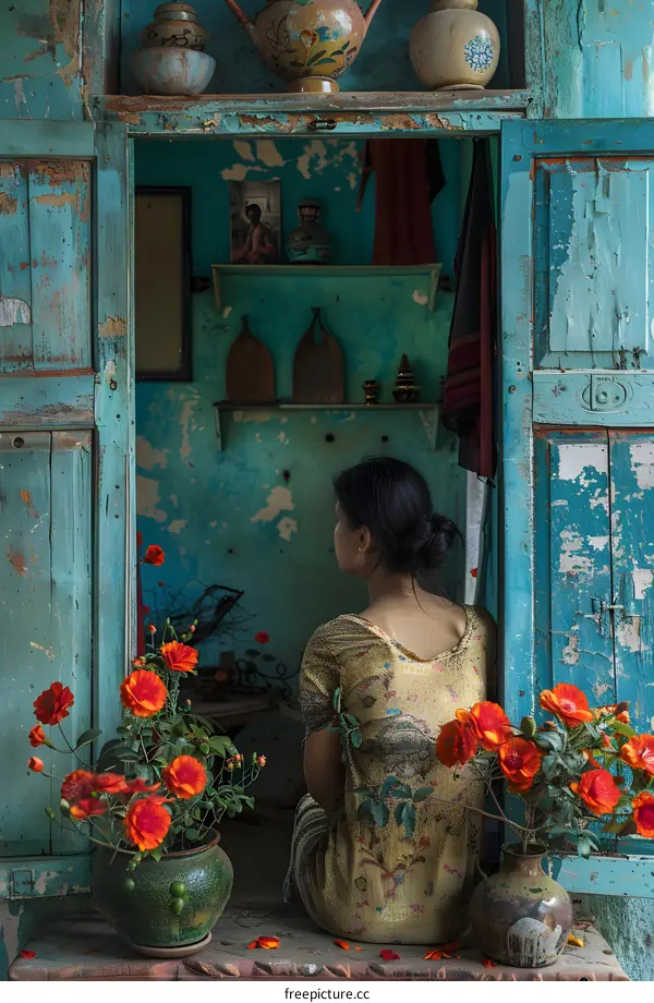 A woman sits in a doorway framed by blue walls and red flowers.